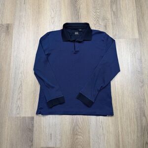 Boss Polo Shirt Mens Medium Blue Long Sleeve Textured Knit Casual Logo